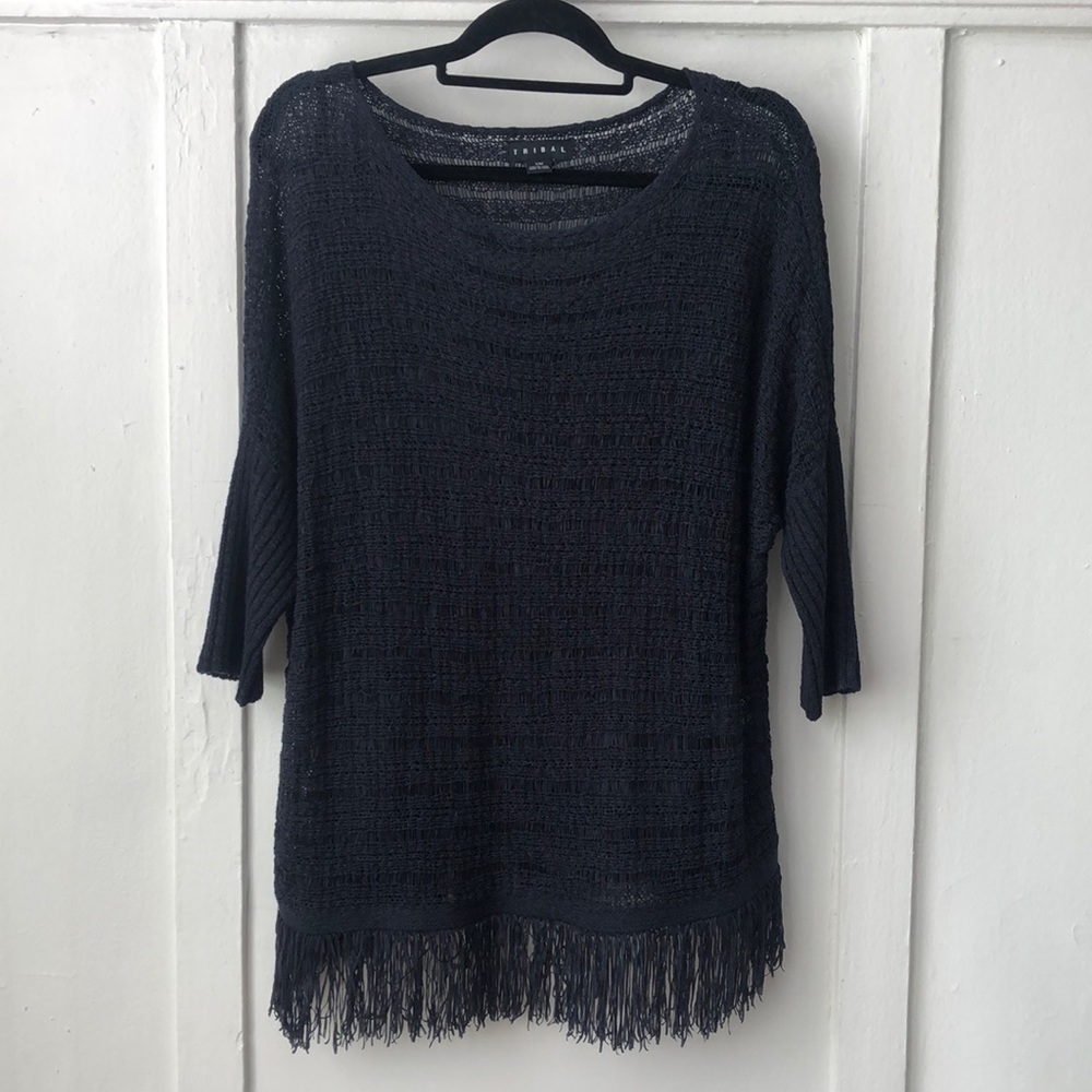 Tribal Open Knit Oversized Sweater with Fringe Hem